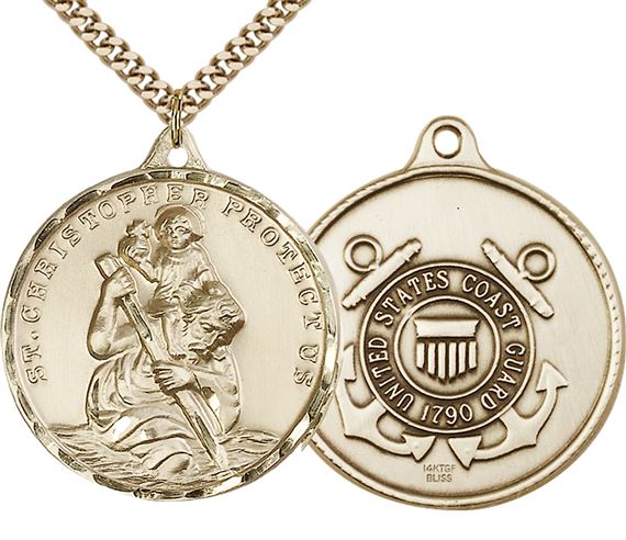 14KT GOLD FILLED ST CHRISTOPHER PENDANT ON A CHAIN - 1 1/4" x 1 1/4"